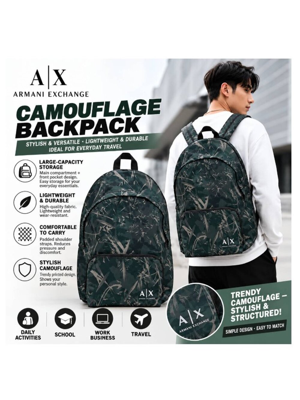 NEW Armani Exchange Fabric Medium Camo Backpack With Laptop Compartment